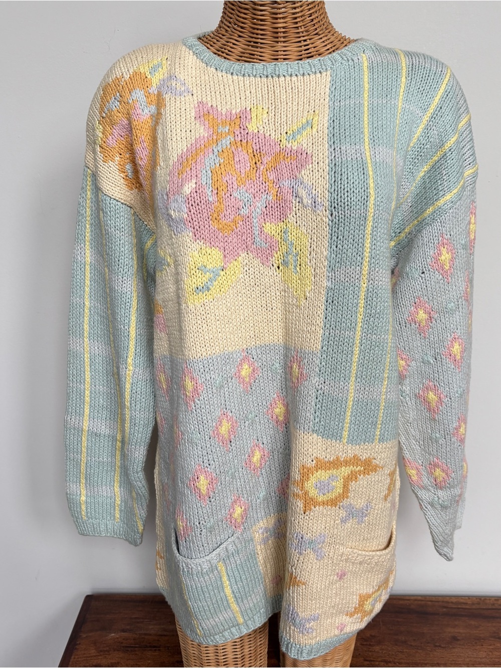 Vintage 90s Chunky Knit Sweater Large Floral Paisley Pastel Grandma Cottagecore